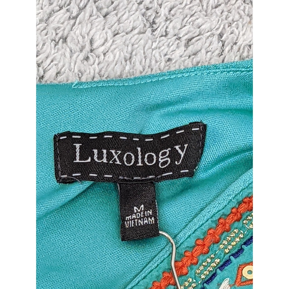 Luxology Midi Dress Teal with‎ Aztec Embroidery Medium Beachwear Western Boho - Picture 6 of 14